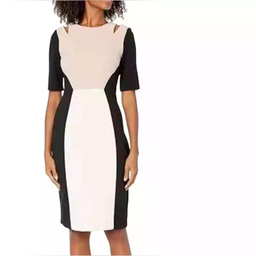 Gabby Skye Black and Cream Colorblock Midi Sheath Dress
